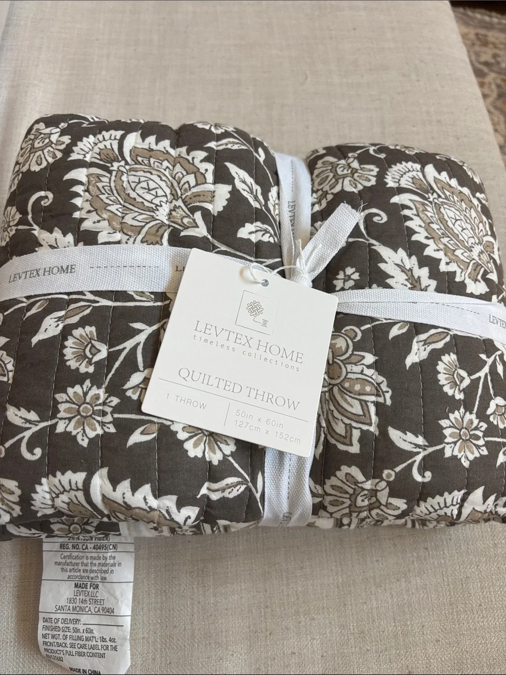 Levtex Home Adare Cocoa Quilted Throw 50x60 Reversible Floral Cotton NWT